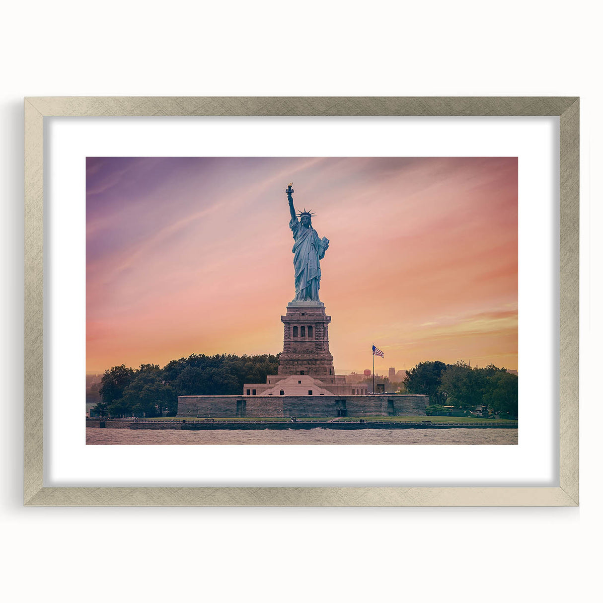 Textured art print of the Statue of Liberty in abstract style with muted blue and gray tones, framed in silver.