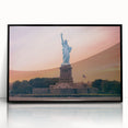 Large abstract wall art of the NYC skyline featuring the Statue of Liberty in muted gray tones on a framed acrylic print.