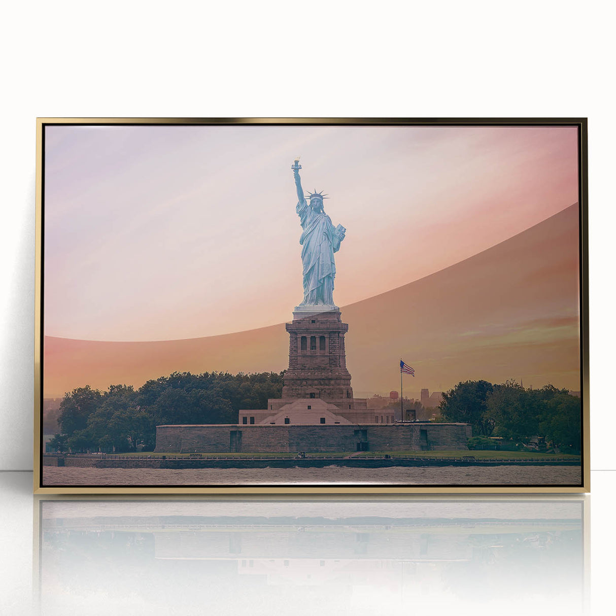 Acrylic print of the Statue of Liberty in gold and black tones, suited for modern art wall decor.