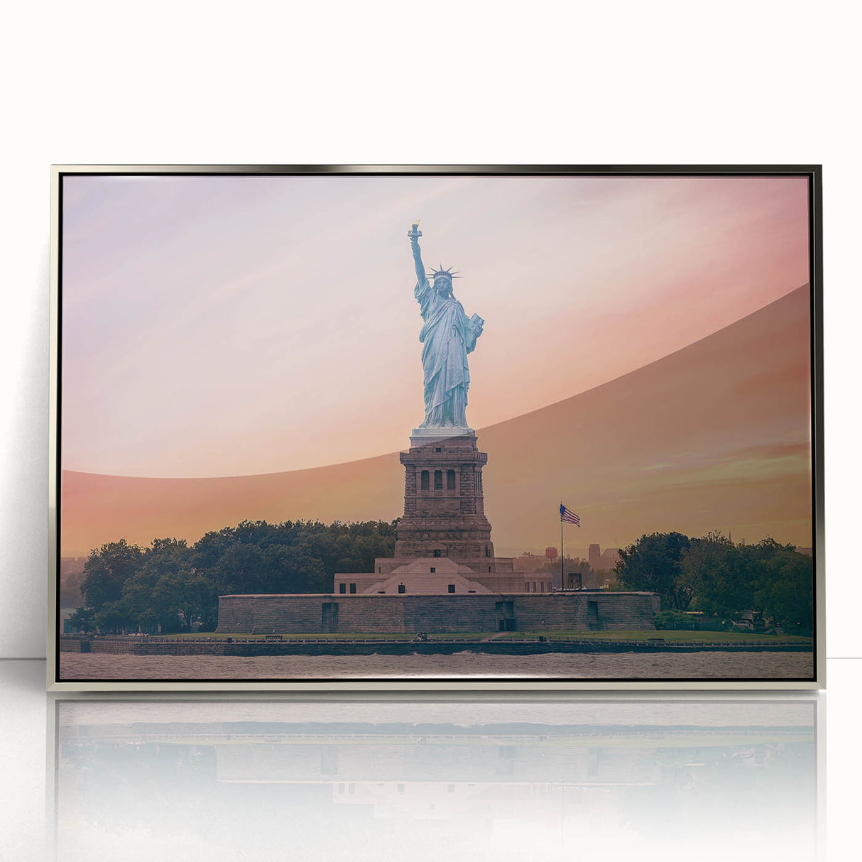 Mid-century modernist art of the Statue of Liberty in monochrome tones on a silver-framed acrylic.