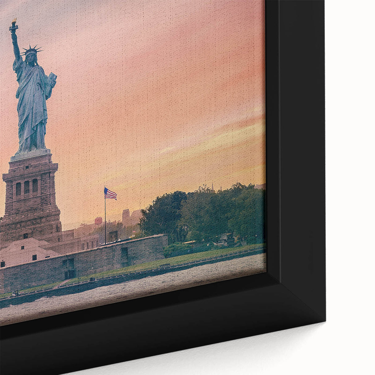 Close-up of a textured black wall art featuring the Statue of Liberty in vibrant colors on a framed canvas.