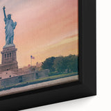 Close-up of a textured black wall art featuring the Statue of Liberty in vibrant colors on a framed canvas.