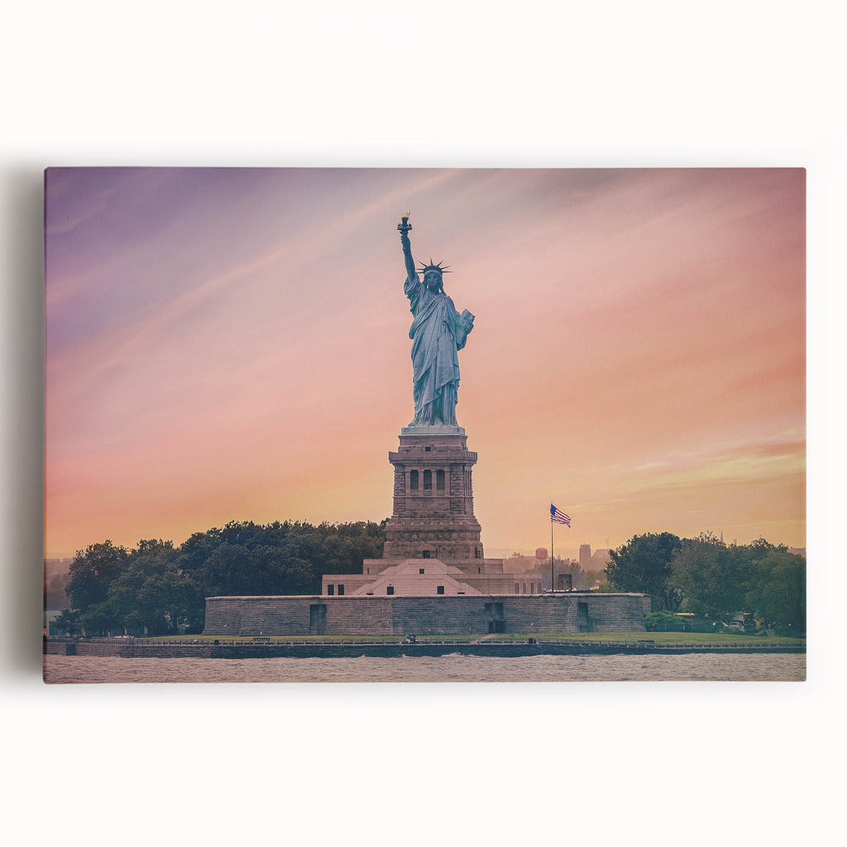 Black and white print of the Statue of Liberty on stretched canvas, ideal for kitchen wall art.