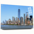 Acrylic print of New York City skyline in muted gray and blue tones, ideal for modern bedroom or dining room decor.