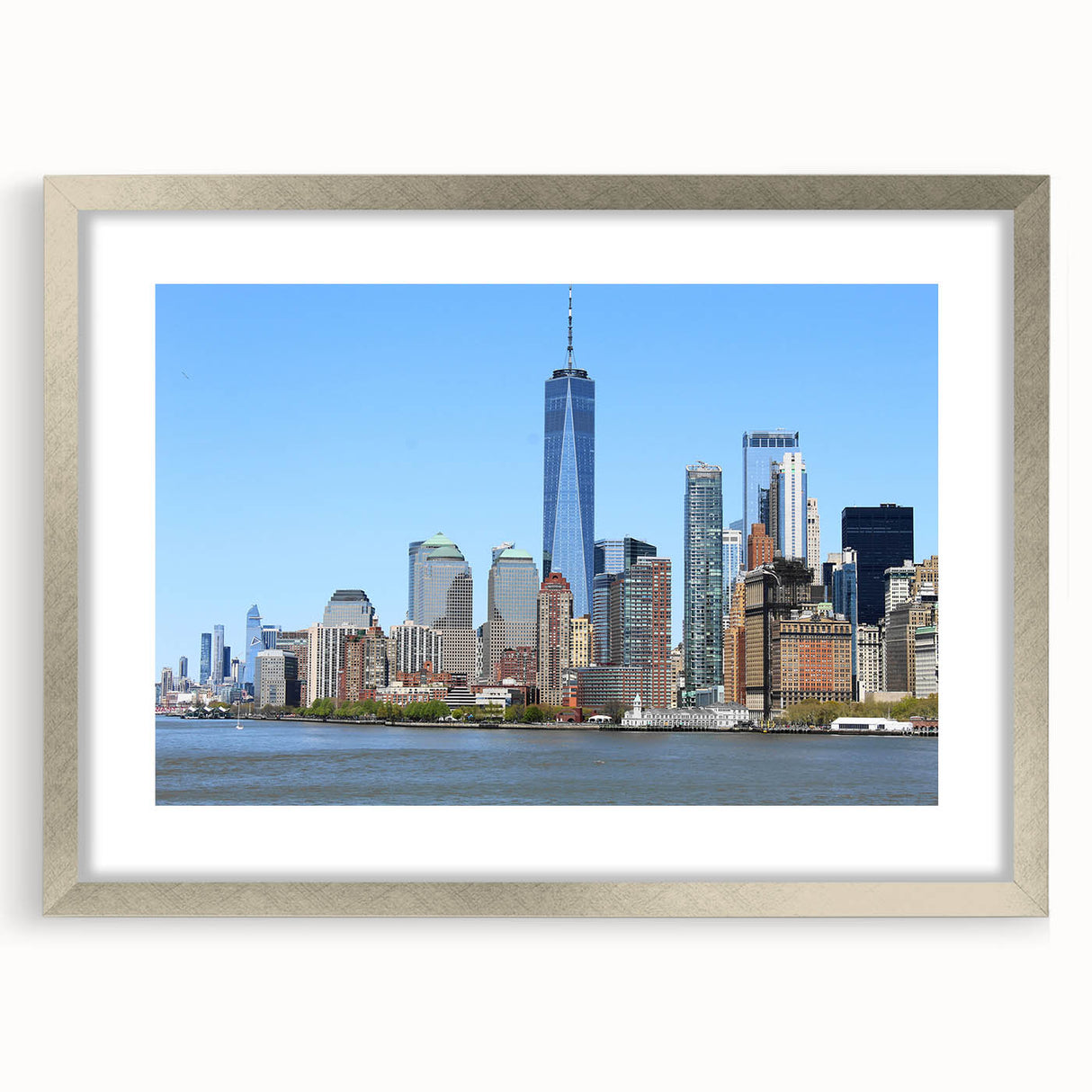 Textured abstract art print of NYC skyline in muted gray, displayed in a silver frame, ideal for bedroom art.