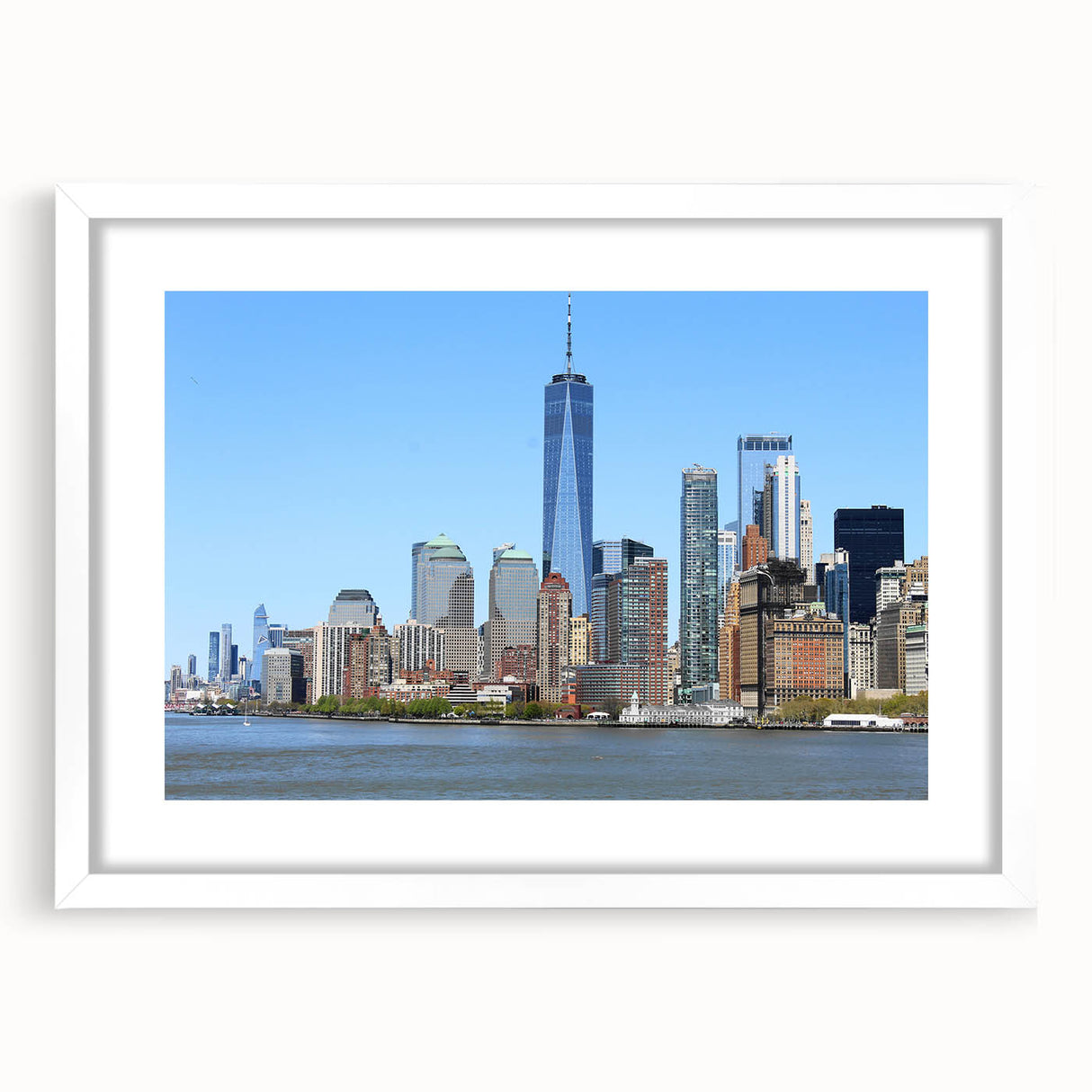 Abstract art print of NYC skyline in muted gray and blue tones, framed with a white mat, ideal for dining room decor.