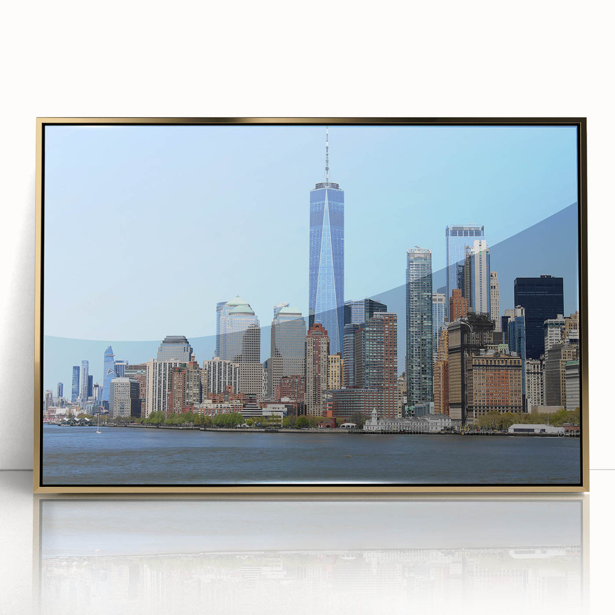 Acrylic print of NYC skyline with Twin Towers, in gold and black tones, ideal for modern art wall decor.