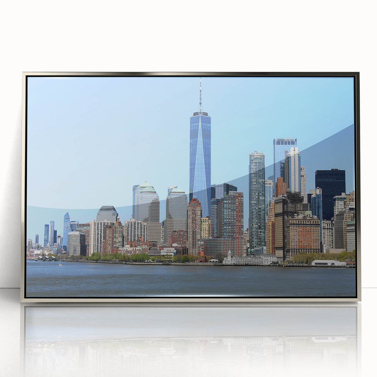 Mid-century modernist art depicting the NYC skyline with silver acrylic framing, suited for modern art wall decor.