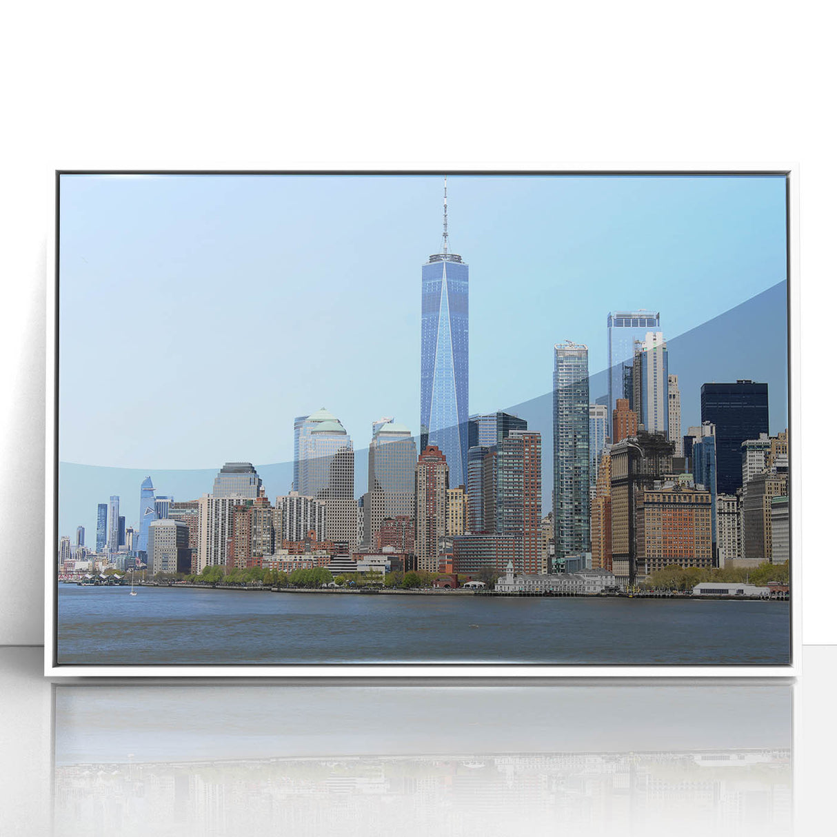 Acrylic print of New York City's skyline with the Twin Towers, in monochrome shades, ideal for modern art wall decor.