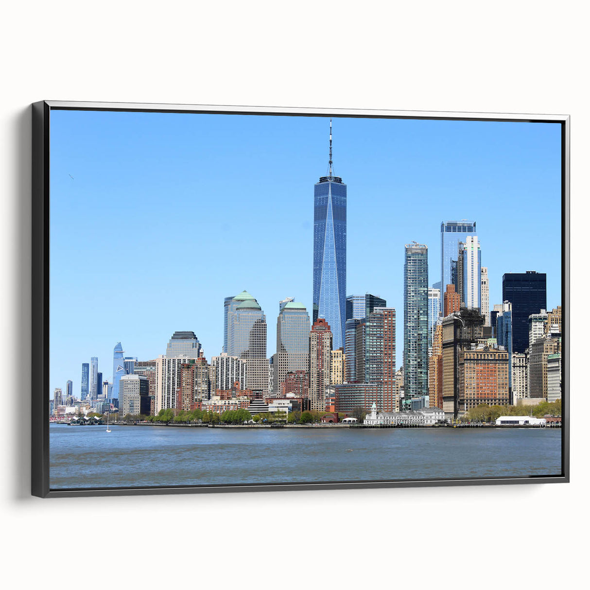 Black and white wall art featuring the NYC Trade Center landscape on framed canvas, ideal for bedroom decor.