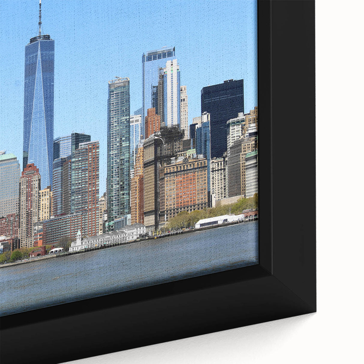 Extra large framed canvas featuring a textured depiction of NYC with the Trade Center, in black and colorful art.