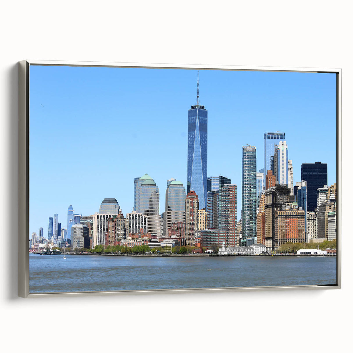 Framed canvas depicting a vintage New York City skyline in black and colorful accents, ideal for modern office decor.