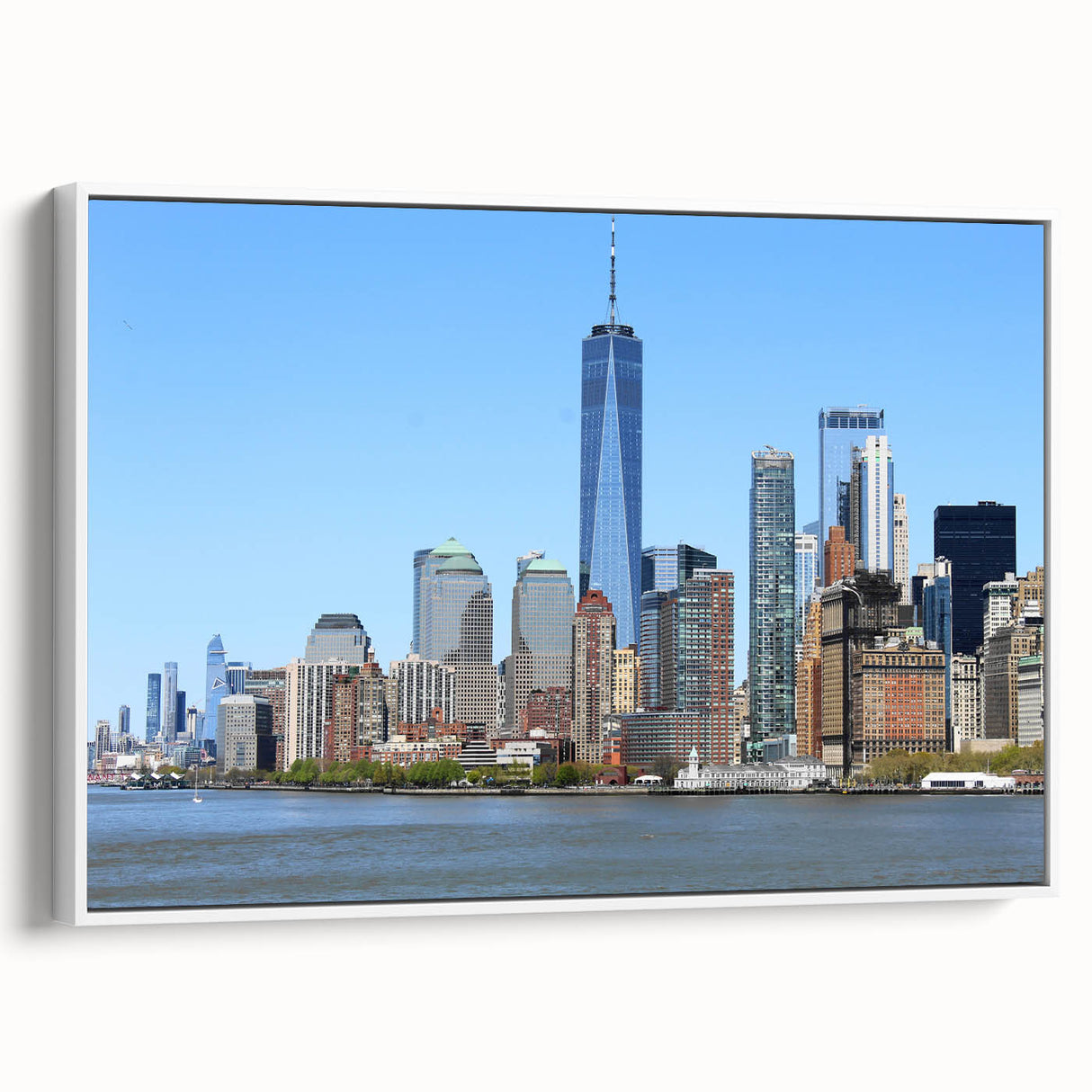 Vintage poster art of NYC Trade Center in black and colorful hues on a large framed canvas, suitable for living room decor.