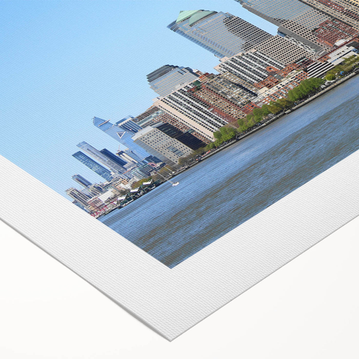 Art deco poster of NYC skyline featuring muted blue and gray tones on rolled canvas, suitable for dining room decor.