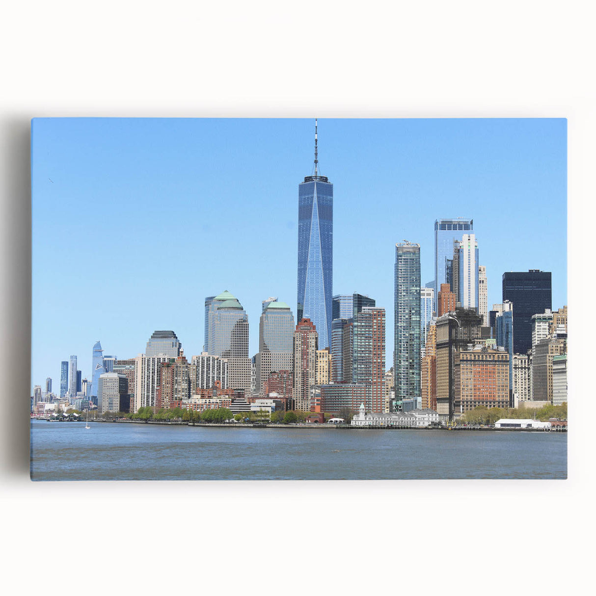 Black and white photo of NYC with Twin Towers on stretched canvas, suitable as large kitchen wall art.