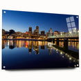 Acrylic print of a large abstract depiction of Portland, Oregon in muted blue and green tones.