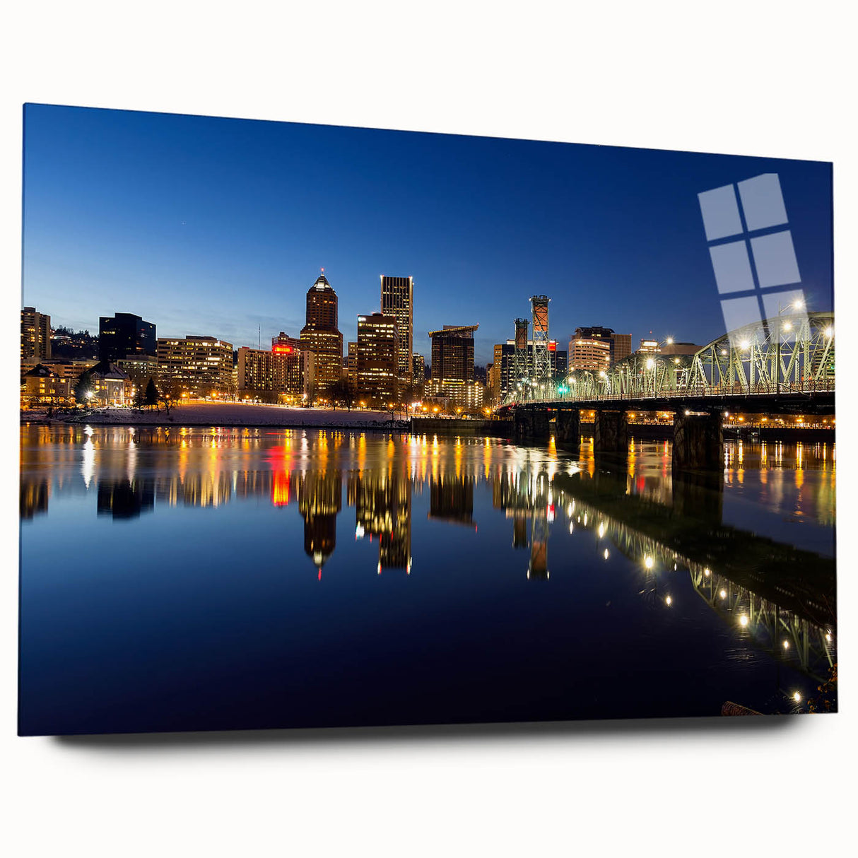 Large abstract wall art depicting the Portland skyline in muted blue and gray tones on an acrylic glass.