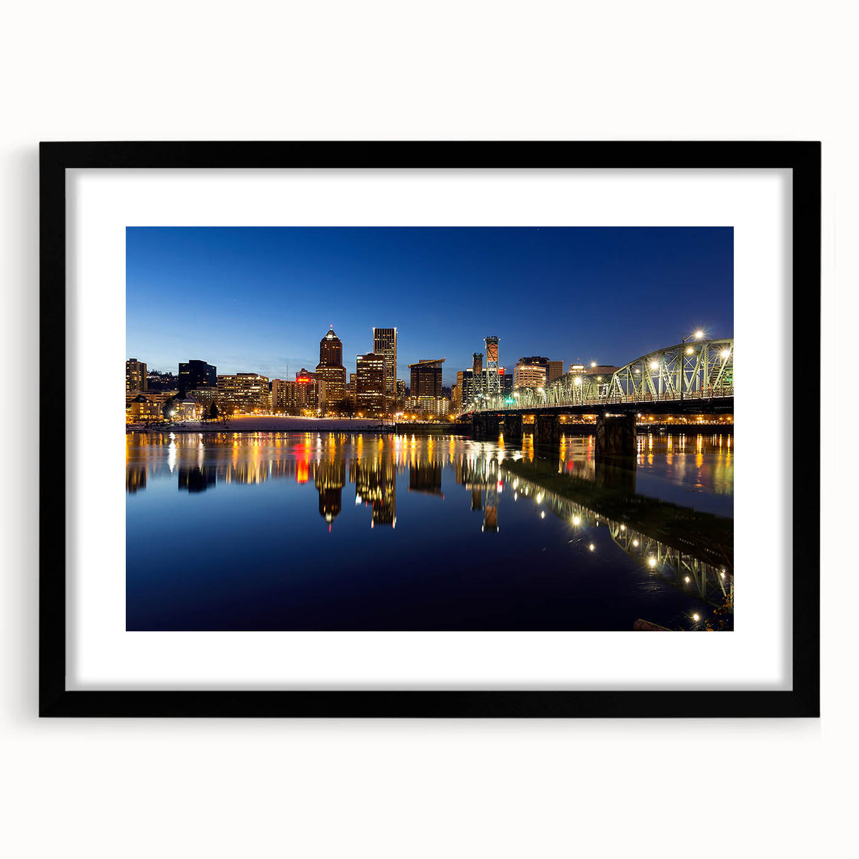 Abstract art print of Portland, Oregon, featuring a textured, colorful palette on a large framed canvas.