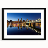 Abstract art print of Portland, Oregon, featuring a textured, colorful palette on a large framed canvas.