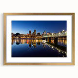 Extra large abstract art print of Portland, Oregon in textured shades of blue and gray, framed in gold.