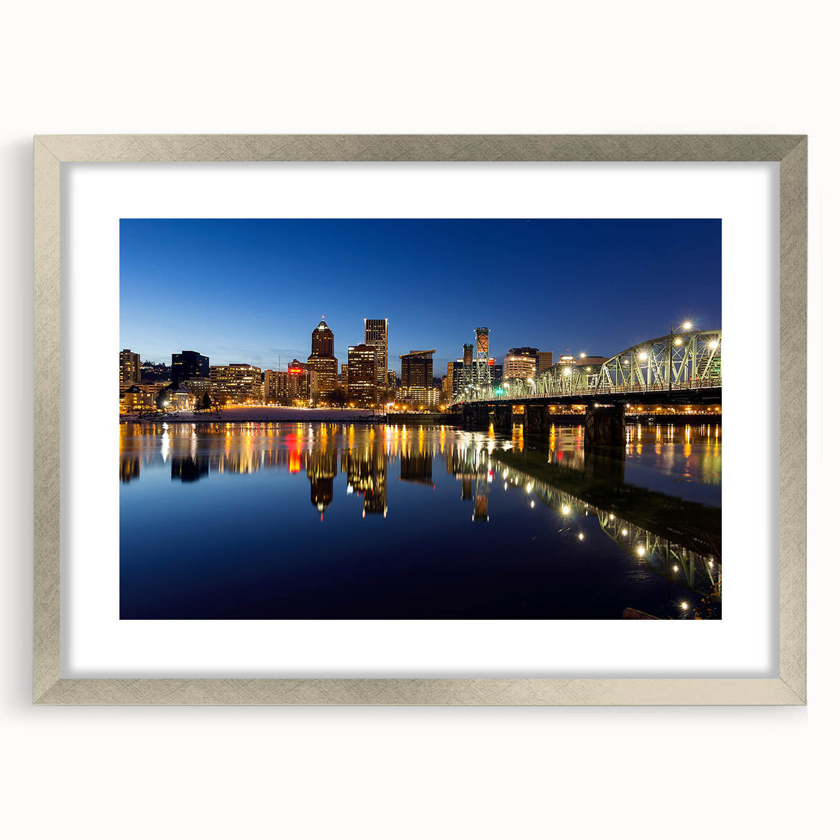 Textured abstract art print depicting Portland, Oregon, in muted gray and blue tones on a framed silver mat.