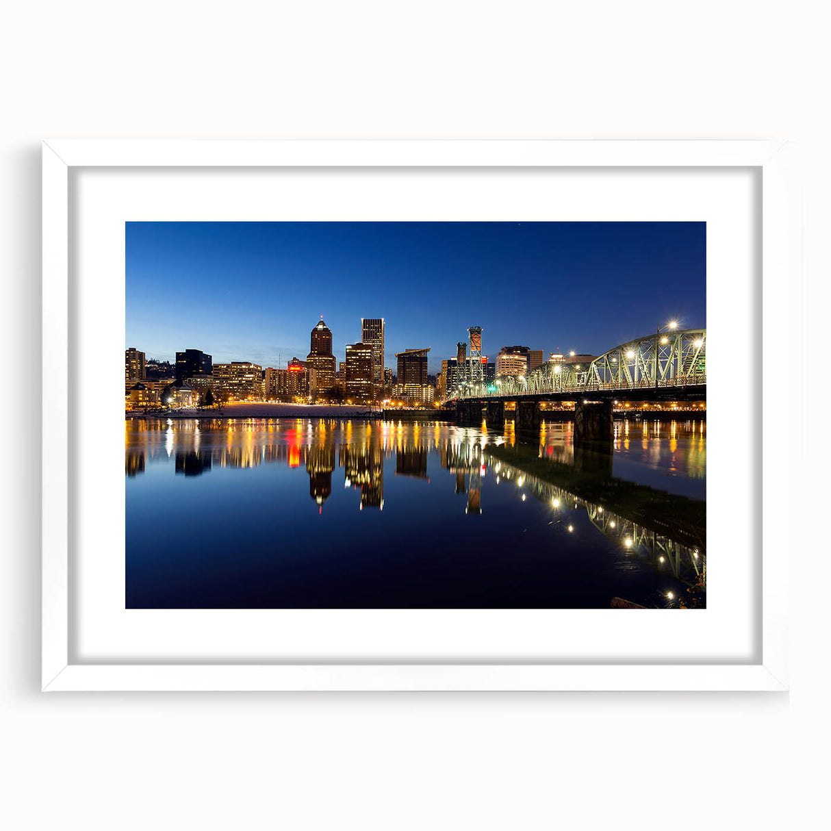 Abstract art print of Portland, Oregon in muted gray and blue tones on a framed white mat.