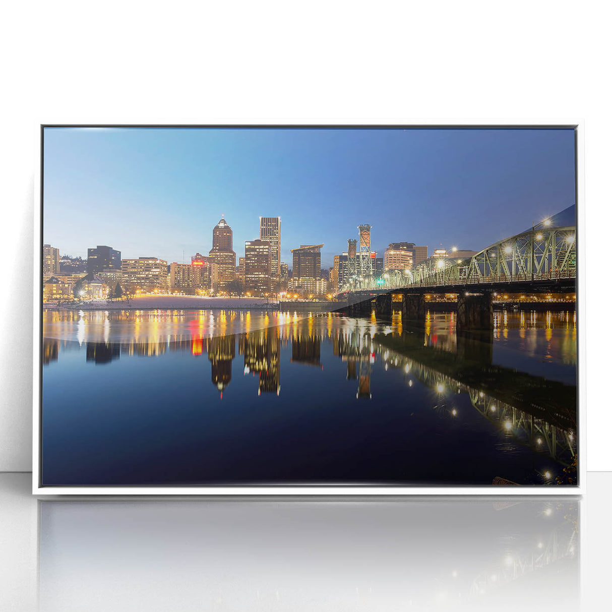 Art deco poster of Portland, Oregon skyline in muted gray and blue tones on a white-framed acrylic print.