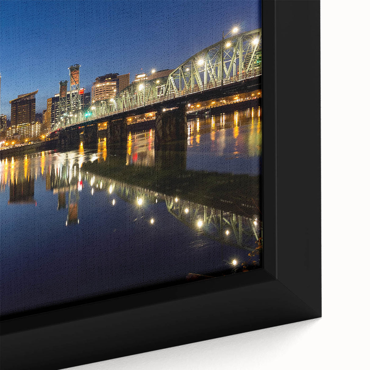 Extra large framed canvas of a textured Portland, Oregon skyline in black with colorful accents, ideal for living room decor.
