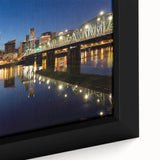 Extra large framed canvas of a textured Portland, Oregon skyline in black with colorful accents, ideal for living room decor.