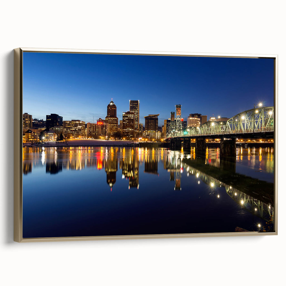 Framed canvas depicting a vintage-style landscape of Portland, Oregon, with muted gold and black tones.