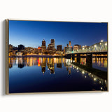 Framed canvas depicting a vintage-style landscape of Portland, Oregon, with muted gold and black tones.