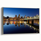 Landscape art painting of Portland, Oregon, featuring colorful art on a silver-framed canvas, ideal for a modern living room.