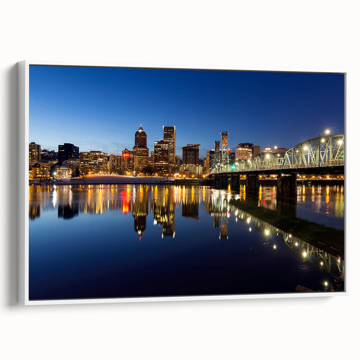 Vintage poster art of Portland, Oregon, featuring colorful elements on a white-framed canvas, ideal for living room decor.