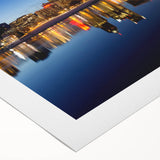 Art deco poster of Portland, Oregon skyline in muted gray and blue tones on rolled canvas, suitable for dining room decor.