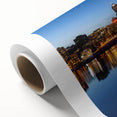 Art Deco style poster of Portland, Oregon skyline in muted blue tones on rolled canvas, ideal for nursery wall art.