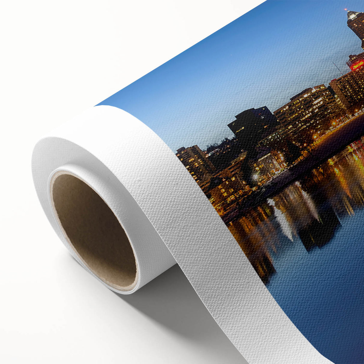 Art Deco style poster of Portland, Oregon skyline in muted blue tones on rolled canvas, ideal for nursery wall art.
