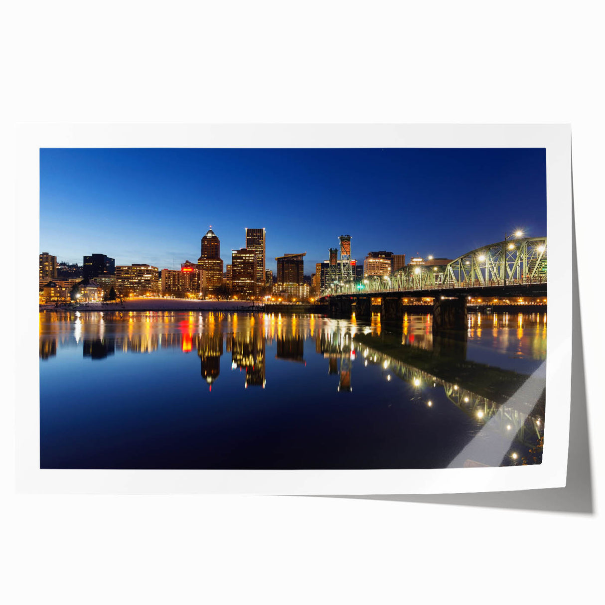 Rolled print of Portland, Oregon scenery with floral elements in soft green and blue tones.