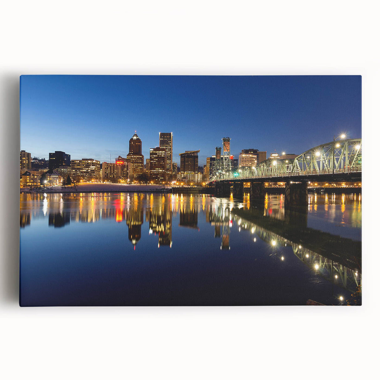 Black and white photo of Portland, Oregon skyline on large stretched canvas, suitable for kitchen wall art.