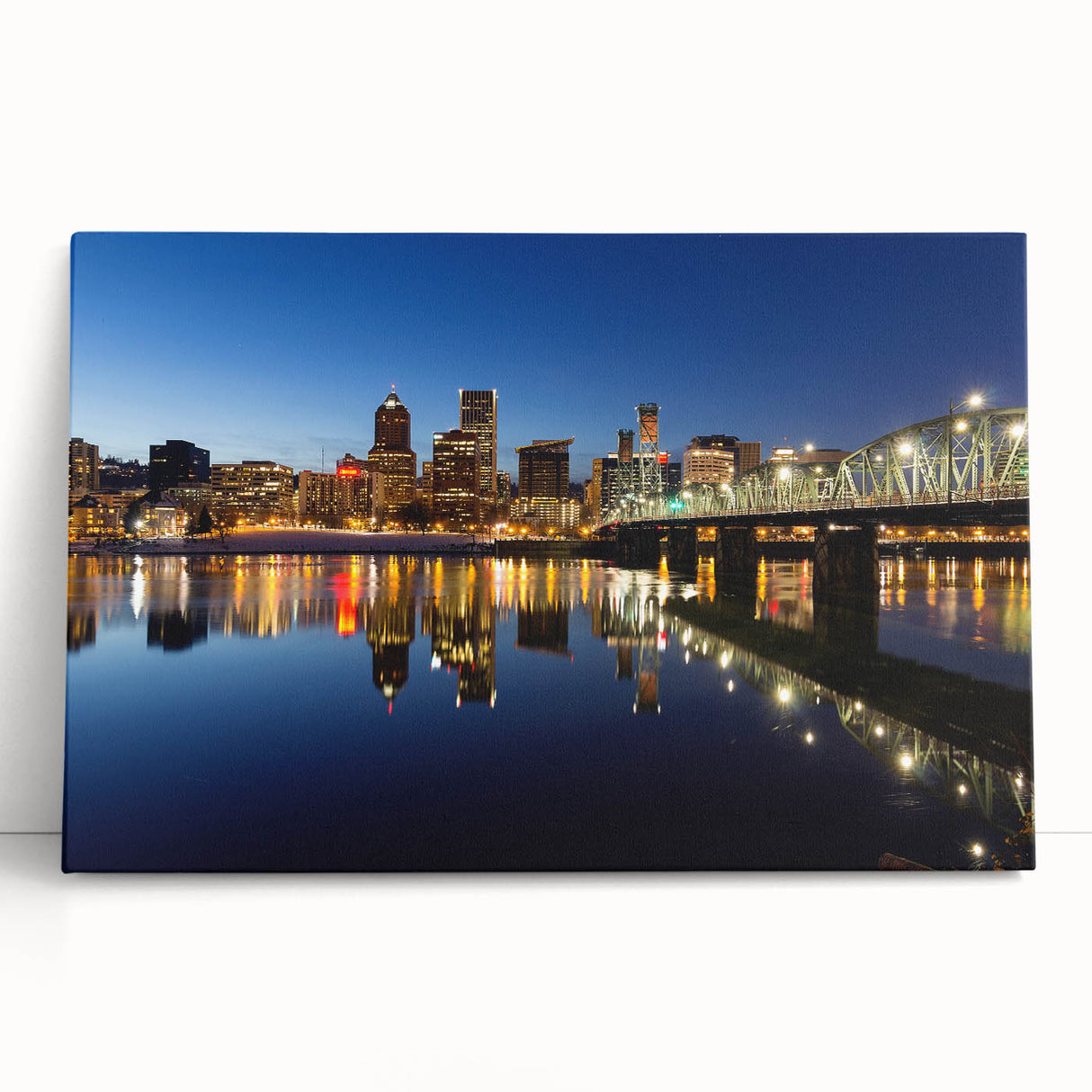 Black and white stretched canvas of Portland, Oregon skyline with muted gray tones, ideal for kitchen wall art.