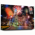 Acrylic print of a large abstract depiction of the Philadelphia skyline in muted blue and gray tones.