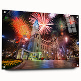 Acrylic print of a large abstract depiction of the Philadelphia skyline in muted blue and gray tones.