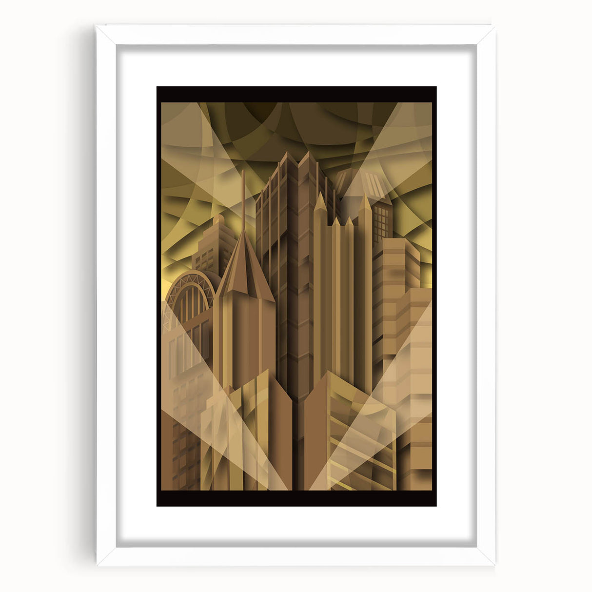 Abstract art print of Pittsburgh skyline in muted gray and blue tones on a framed white mat, ideal for dining room decor.