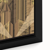 Framed canvas of Pittsburgh skyline with textured, colorful art on a black background, ideal for living room decor.