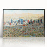 Mid-century modernist art depicting the Phoenix Valley in muted earth tones on a framed acrylic print.