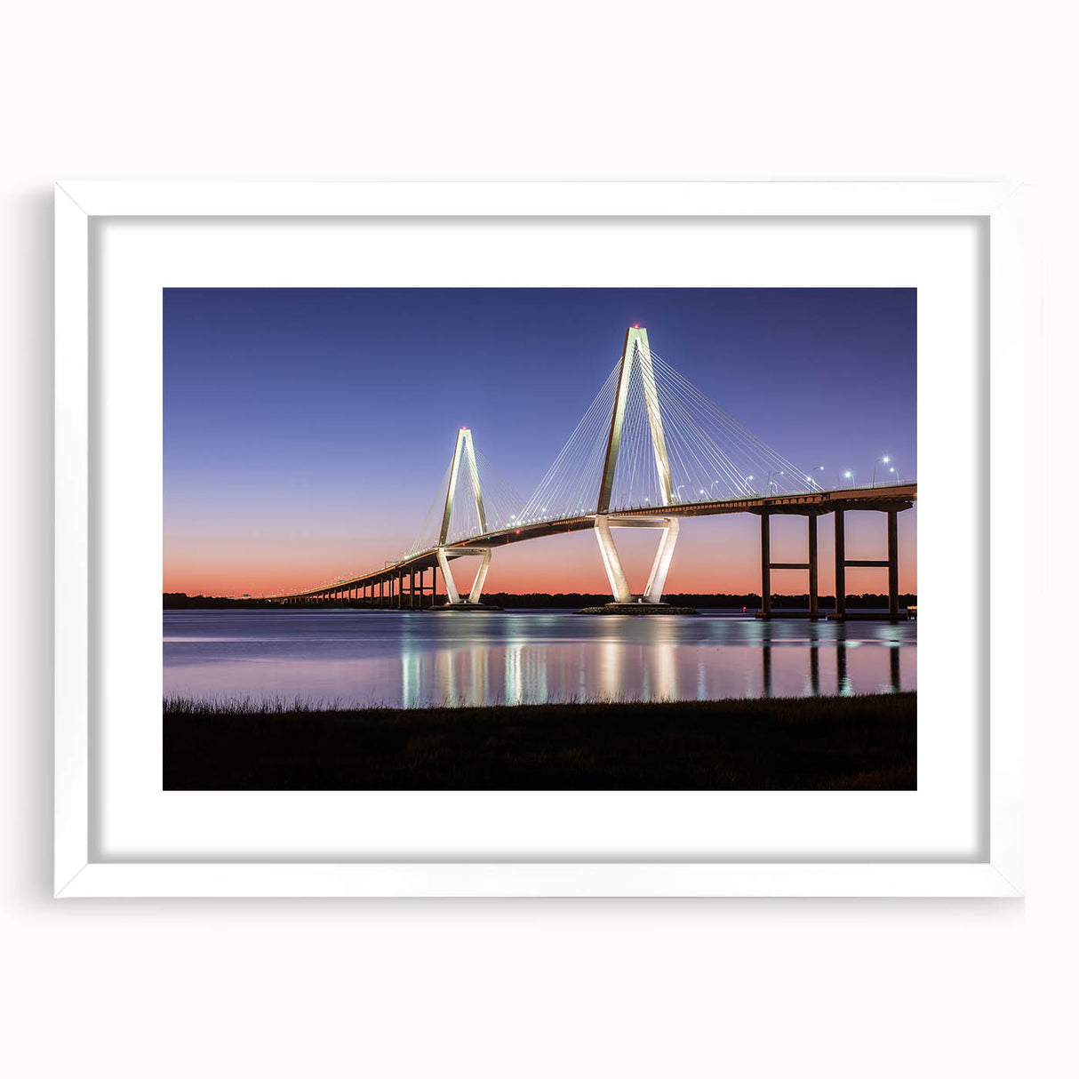 Abstract art print of Charleston scenery in muted blues and greens on a framed white mat, ideal for dining room decor.