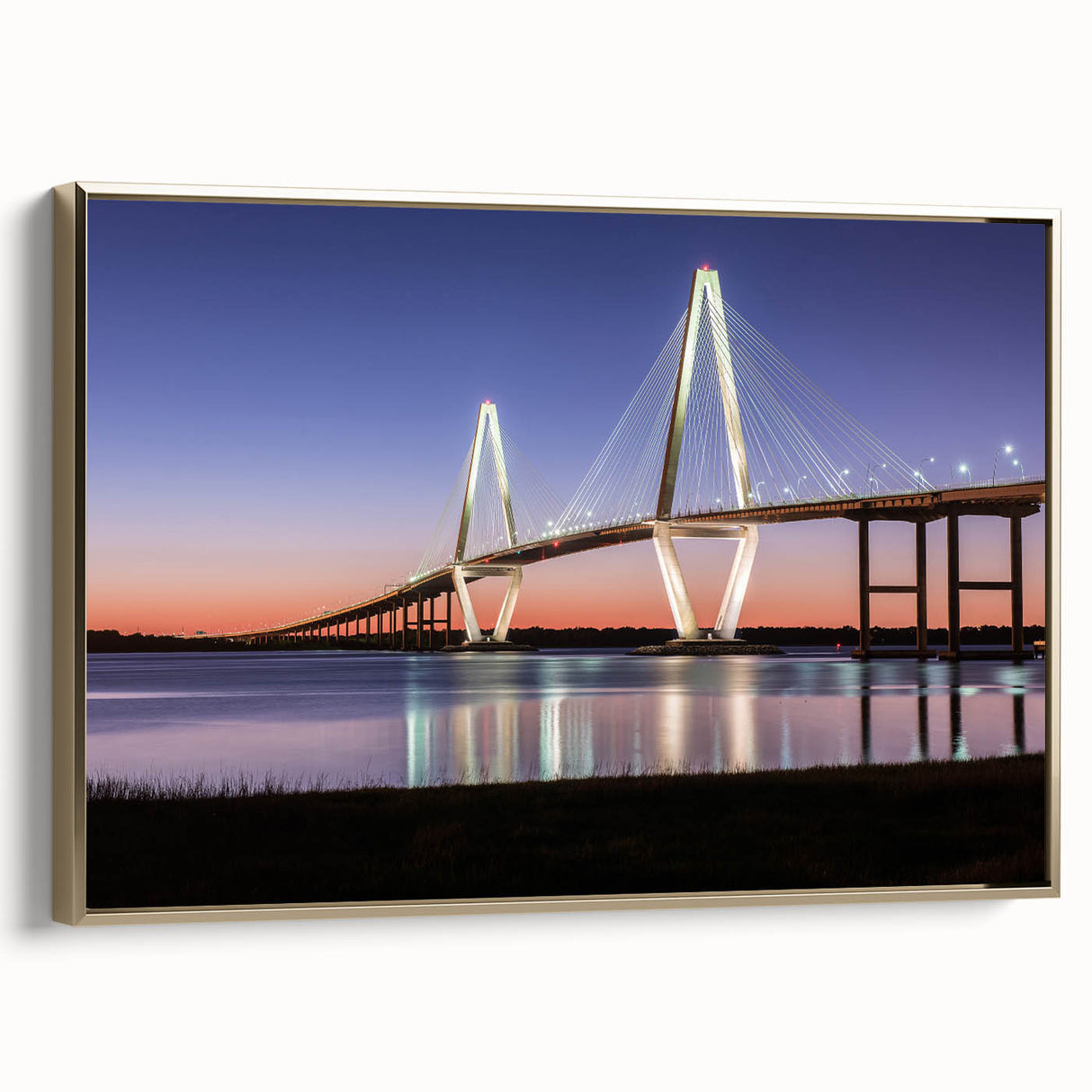 Framed canvas featuring a vintage-style landscape painting of Charleston, South Carolina, in muted gold and black tones.
