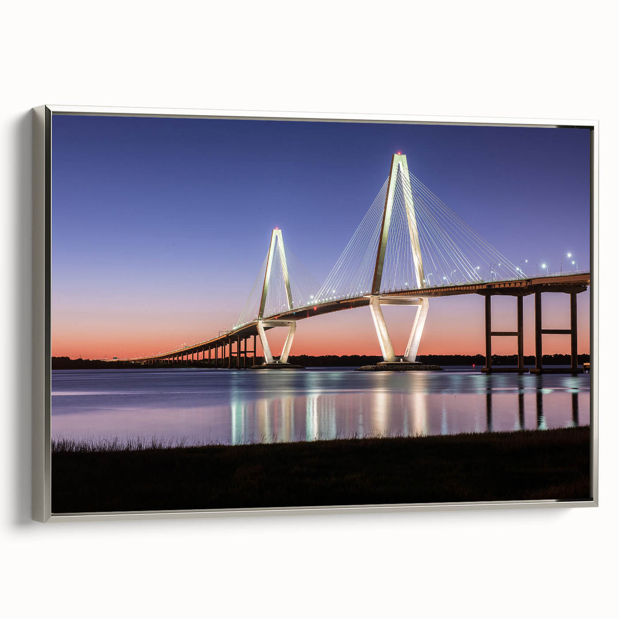 Framed canvas featuring a vintage-style landscape painting of Charleston, South Carolina.