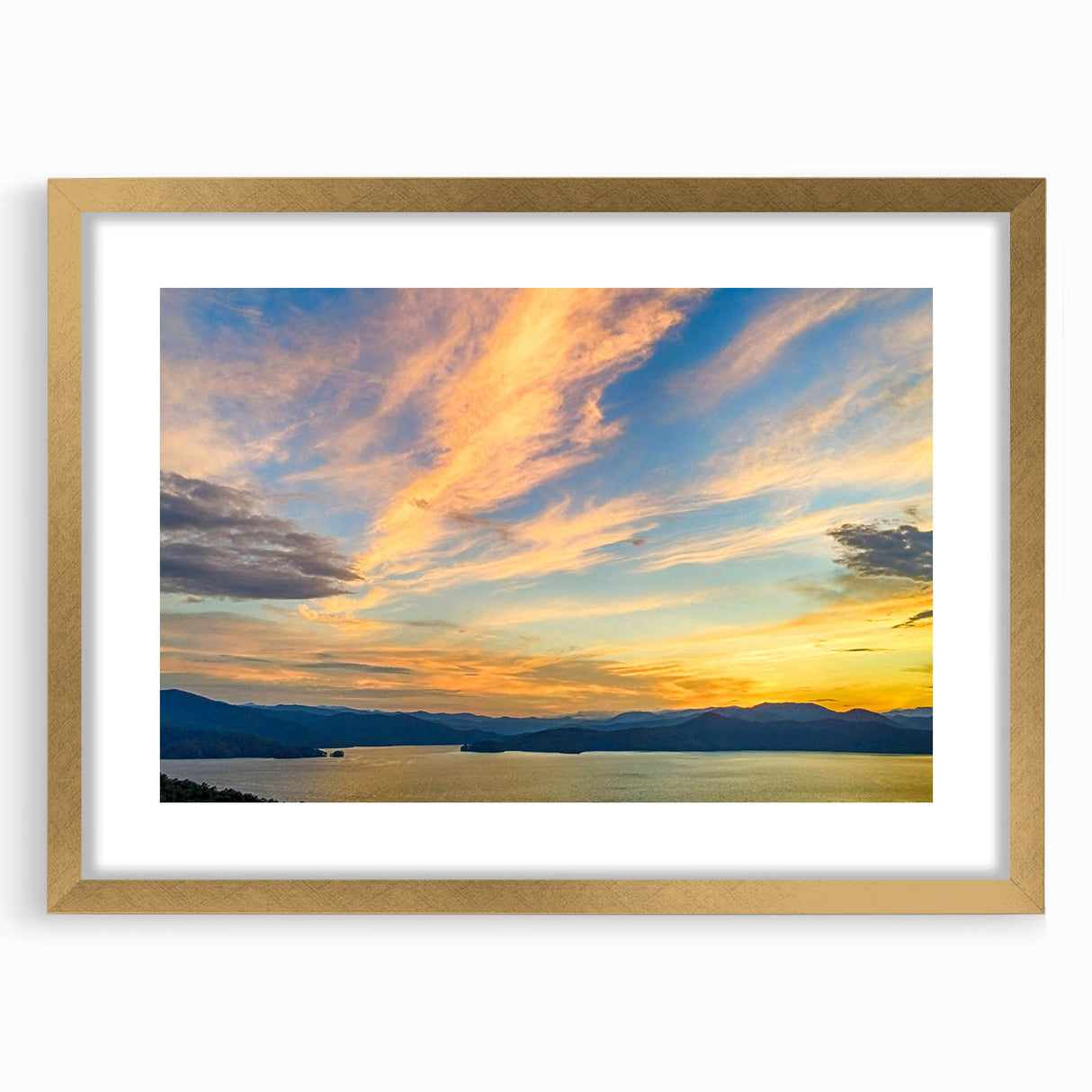 Extra large abstract art print of South Carolina scenery in muted earth tones, framed in gold, ideal for living room decor.