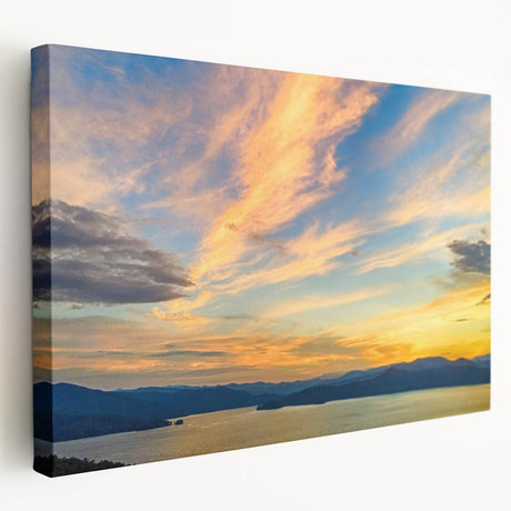 Large art depicting the South Carolina coastline in muted blue and green tones on stretched canvas.