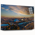 Acrylic print of a large abstract Memphis skyline in muted blue and orange tones, suitable for bedroom or dining room decor.